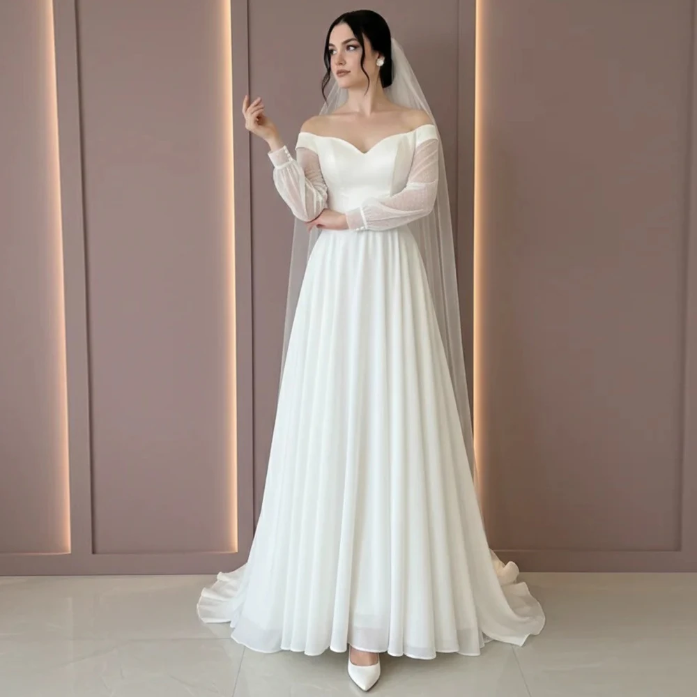 

Graceful Sweetheart A-Line Chiffon Wedding Dress Customized Women Off the Shoulder Long Sleeves Bridal Gowns Excluding veil