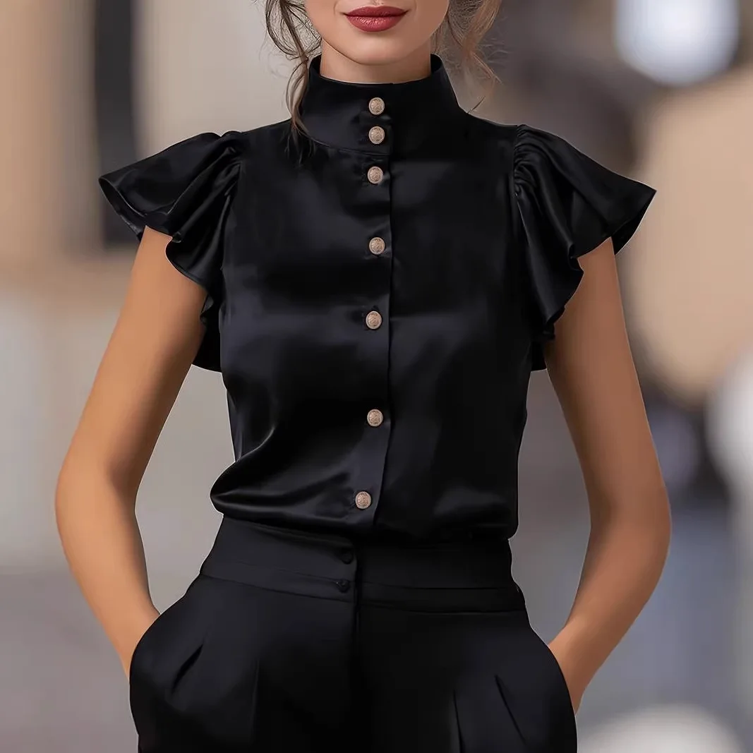 

Новая женская атласная блузка 2026 года с воротником-стойкой и рукавами с рюшами, универсальный топ для офиса и повседневной носки.