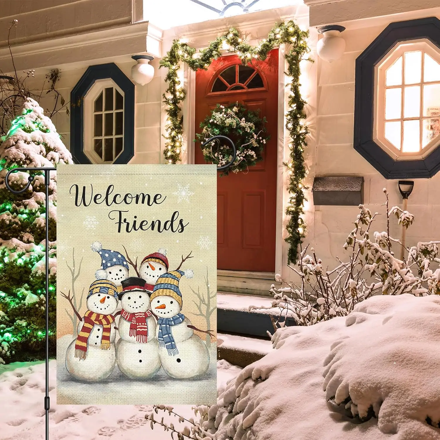 Winter Snowman Garden Flag 12x18 Double Sided, Burlap Small Snow Welcome Friends Christmas Yard House Outside Outdoor