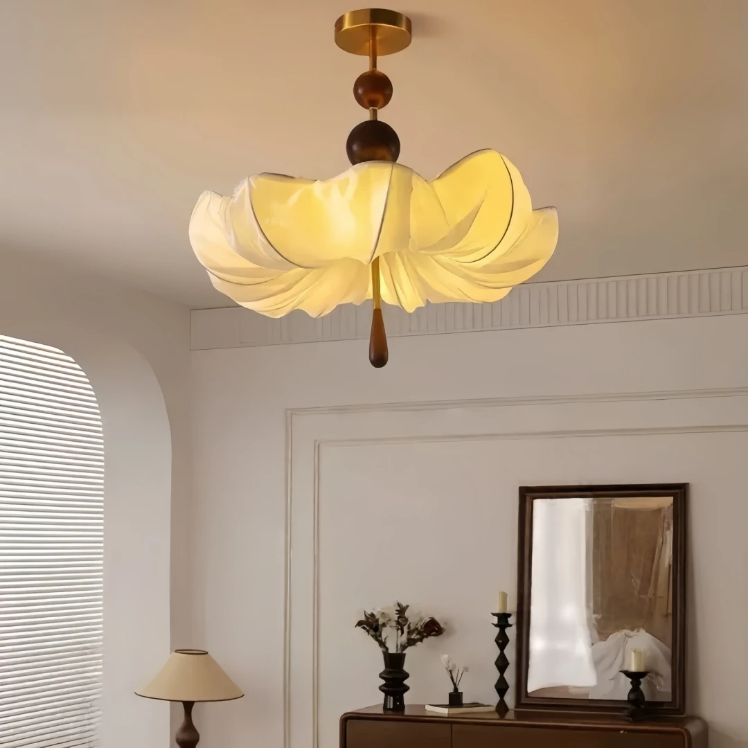 Mid-Century Ruffled Petal Pendant Light for Bedroom Dining Kitchen Island Soft Cream Retro Minimalist Warm Home Decor Lamp
