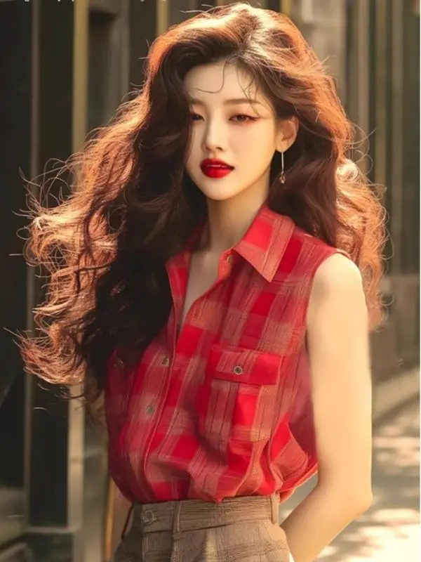 

Summer Chic and Fashionable Design Retro Red Checkered Sleeveless Shirt Women's Top