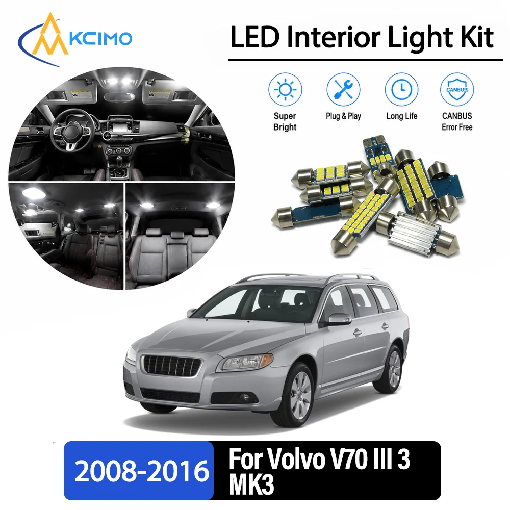For Volvo V70 III 3 MK3 2008-2016 Premium No-Wire Continuous Glow Auto Interior LED Bulb Remodel Set Cabin Refit Lamps
