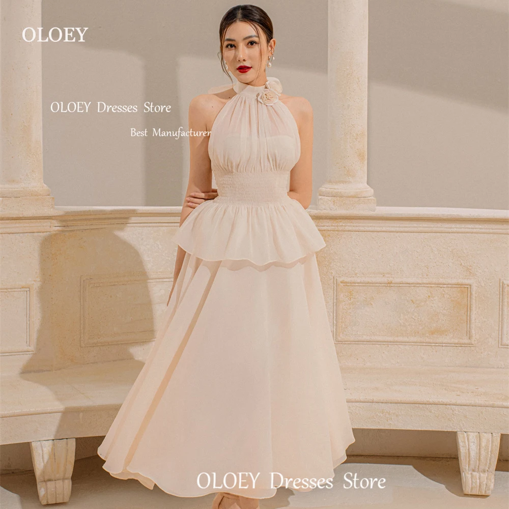 

OLOEY Elegant Ivory Party Dress Evening Dress Photoshoot Chiffon 3D Roses Halter Sleeveless Solid Color Custom Cocktail Dresses