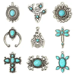 5pcs Bohemian Style Pendants Antique Silver Color Resin Cabochons Imitation Turquoise Cross Flower Charms DIY Necklace Jewelry