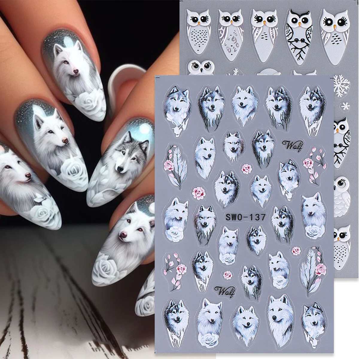 2 stücke Winter Schnee Wolf Matte Nail art Aufkleber Rose Weiße Eule Snwoflakes Klebe Aufkleber Wraps Tier Sliders Maniküre Dekor folien