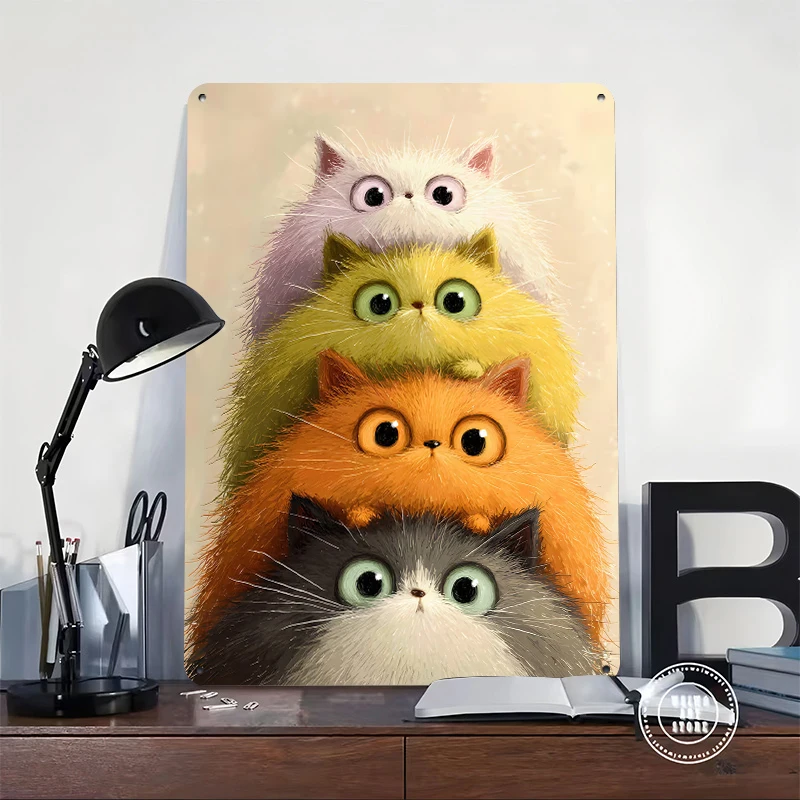 Stacked Fluffy Cats Digital Art Metal Poster Customized Wall Art Retro Vintage Tinplate Signs for Decoration At Home House Decor