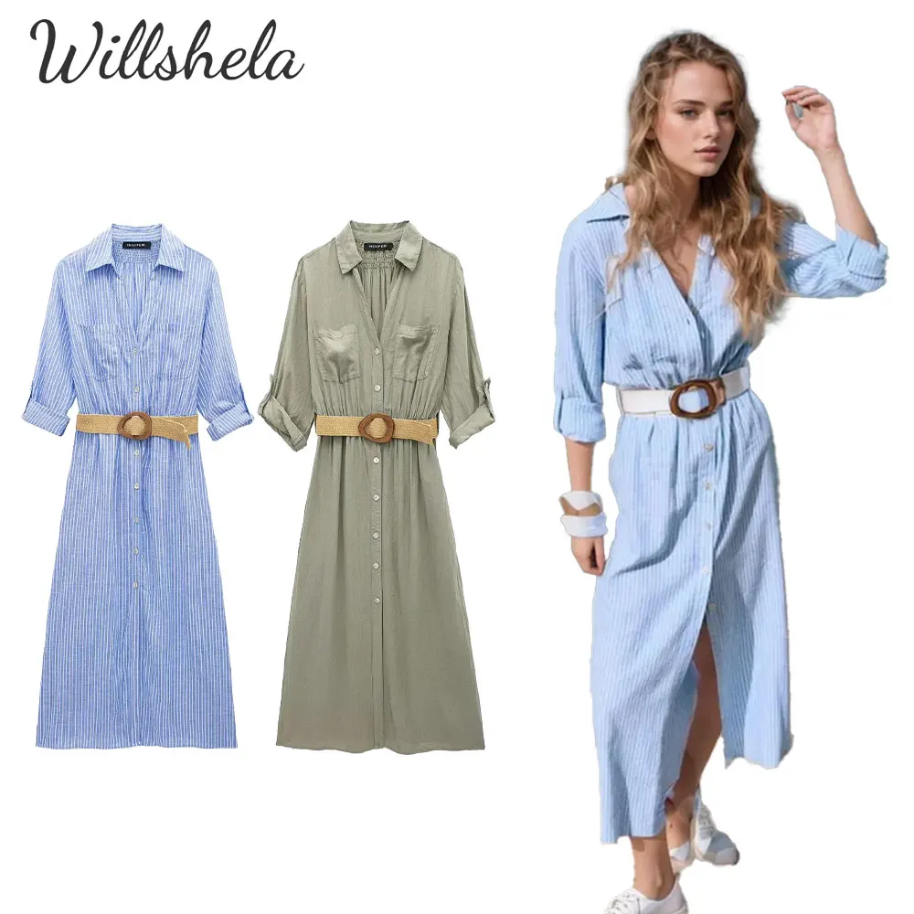 

Willshela Women Fashion Linen Striped Shirt Dress with Belt Lapel Collar Short Sleeves Female Chic Lady Casual Long Vestidos
