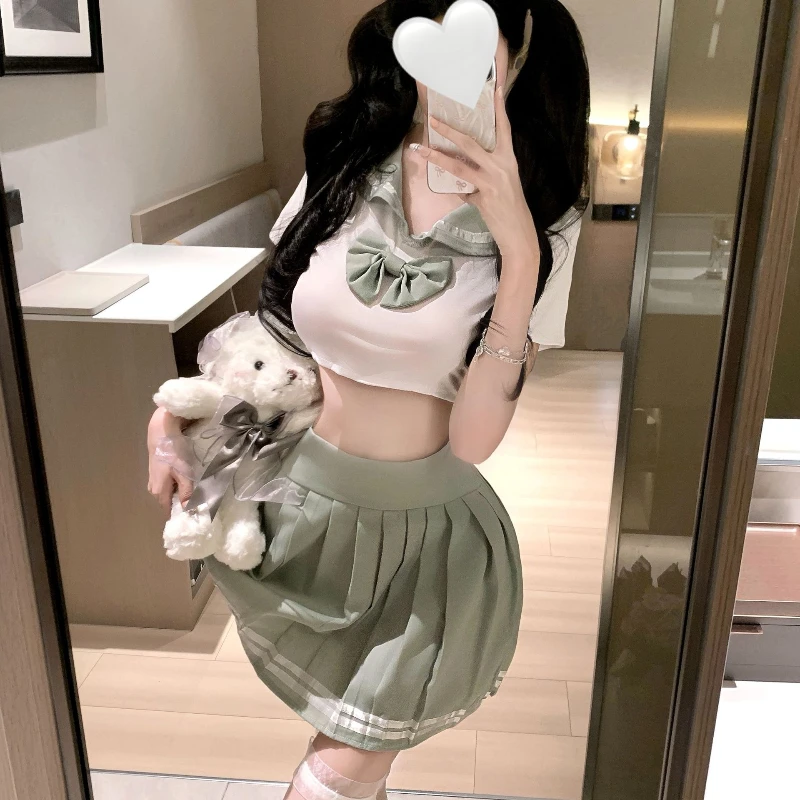Uroczy top z krótkim rękawem i kokardą, plisowana spódniczka JK, seksowny strój do cosplayu w stylu uczelni, uwodzicielski strój dla par, gra w odgrywanie ról, strój uczennicy.