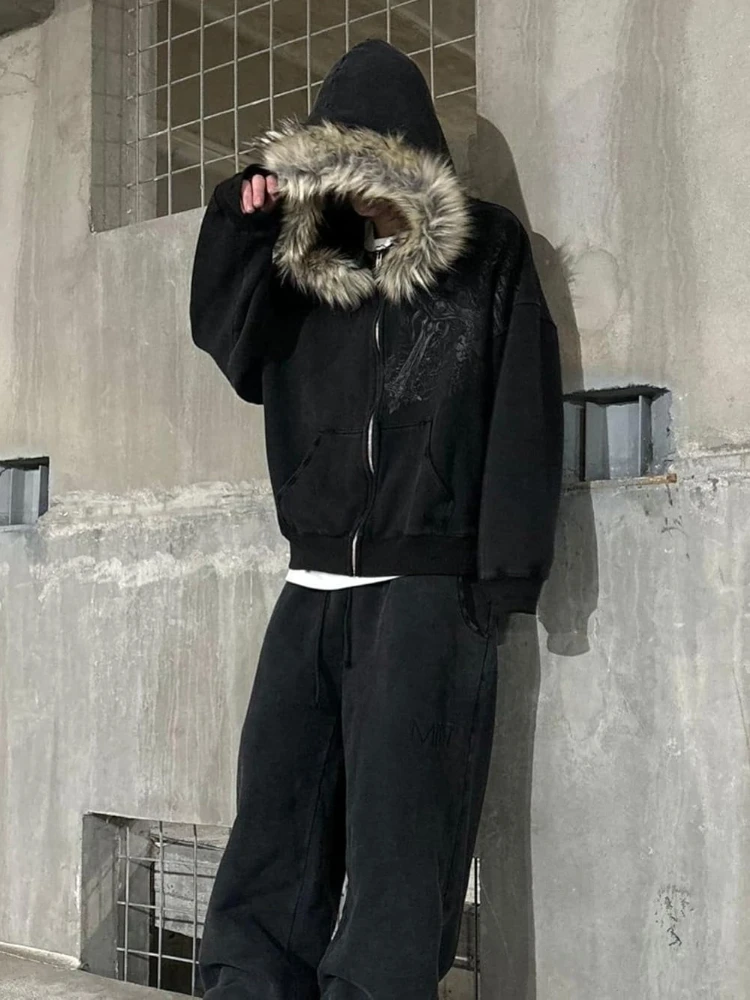 2000s Vintage Therian Fur Hood Jacket Y2k Goth Zip Up Hoodie