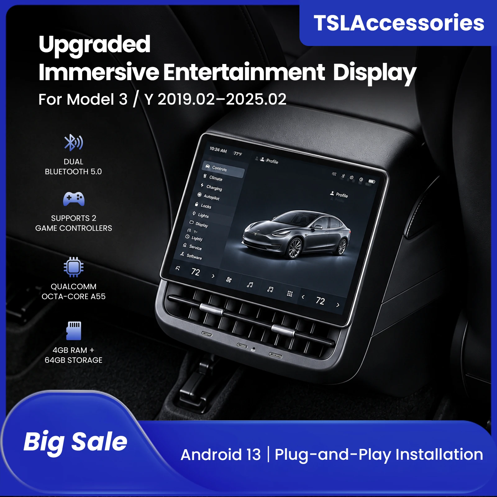 8.66inch SmartRear Entertainment Screen for Tesla Model 3/Y Android 13 Qualcomm 4GB+64GB Dual Bluetooth 2 Gamepads WiFi