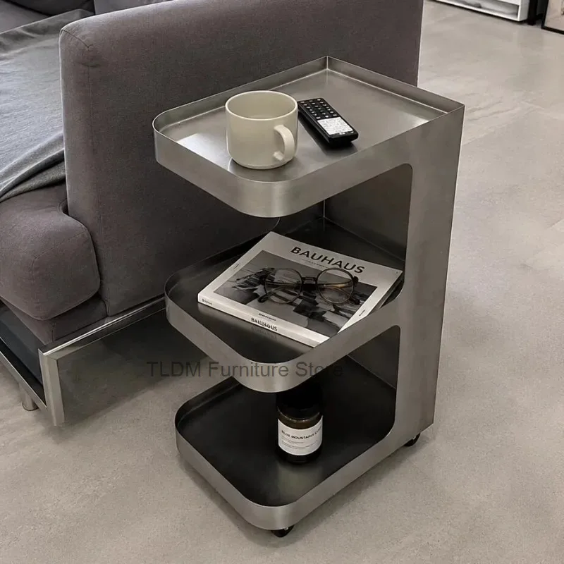 Metal Side Table With Wheels Tray Storage Shelves Industrial Asymmetric Rolling Magazine End Table For Sofa Bedroom Corner Decor