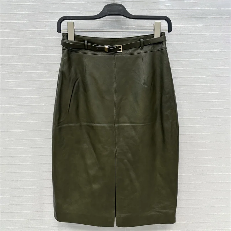 

Women's skirt New high waisted slim long skirt for autumn 2025 Belt decoration women's half skirt 100% sheepskin pencil skirt