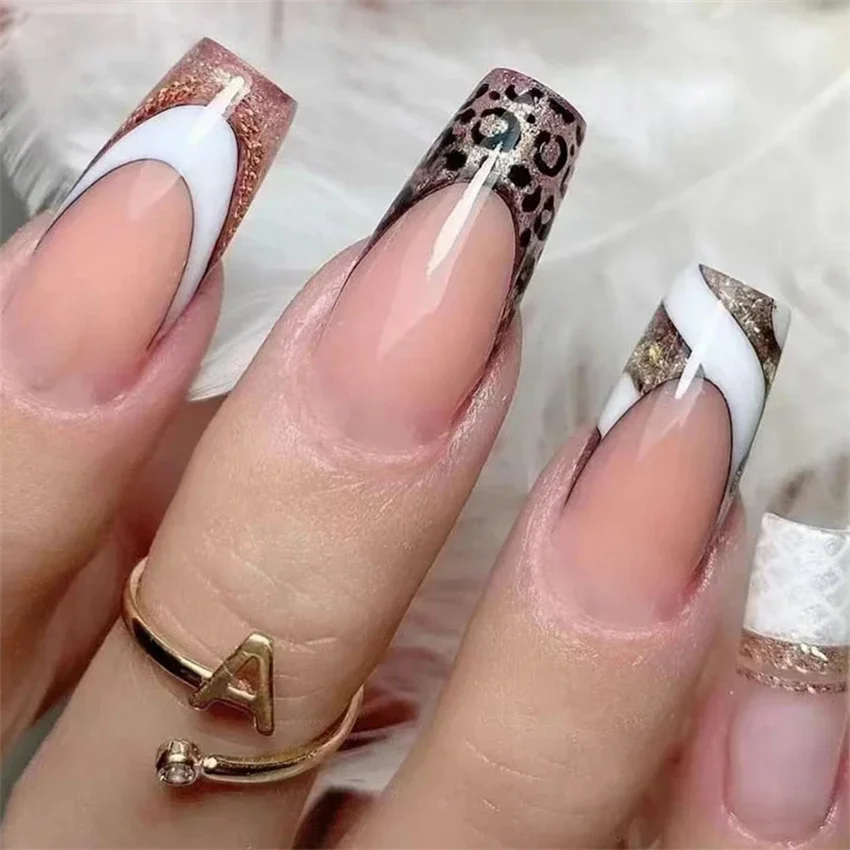 24Ps/Set Mature Glitter Leopard Print Wearing False Nail French Full Cover Ballet Press on Nail Removable Acrylic Fake Nail Tips