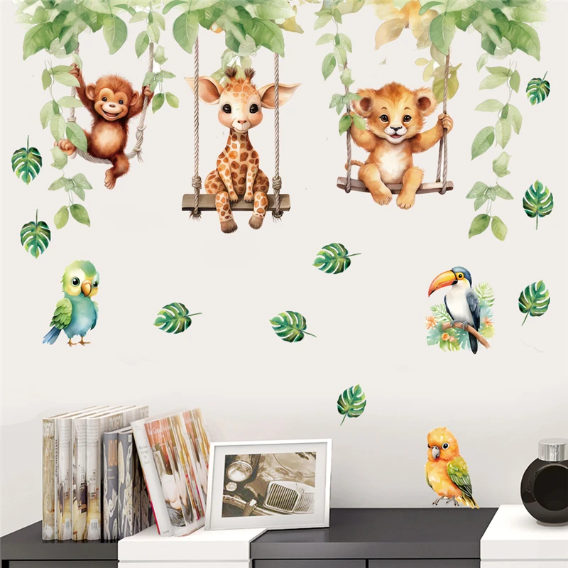 Cute Animals Swing Wall Stickers Kids Bedroom Decoration Diy Cartoon Monkey Giraffe Lion Safari Mural Art Pvc Posters Home Decal