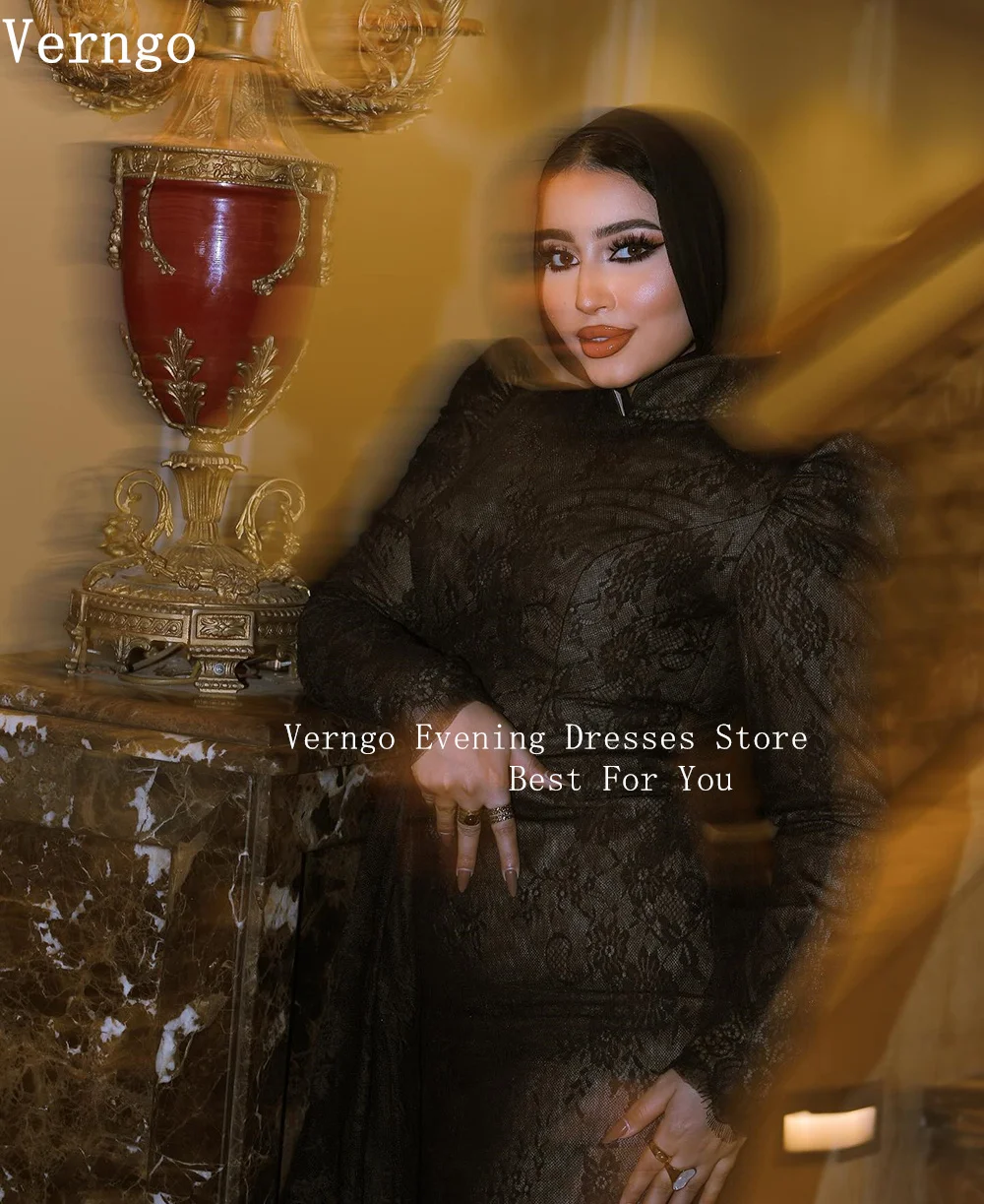 Verngo Black Lace Evening Dresses High Neck Full Sleeves Mermaid Prom Gowns Muslim Elegant Formal Occasion Dress Customized