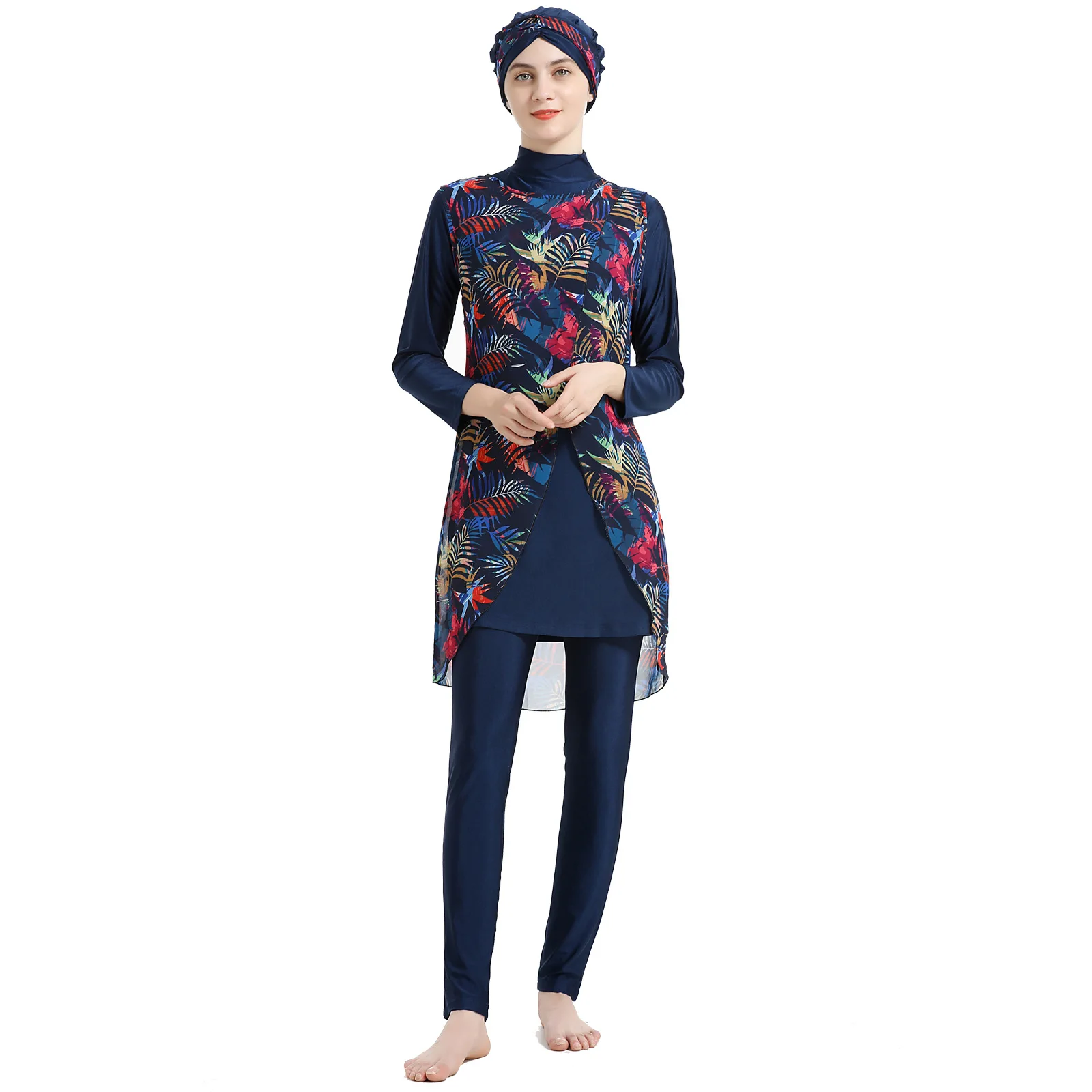 3Pcs Muslim Burkini Tropical Leaf Print Full Coverage Islamic Bathing Suit Long Sleeve Swimwear With Hijab Leggings Chiffon Vest