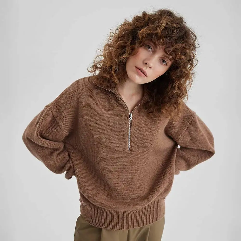 

Женский пуловер с воротником-стойкой на молнии, свитер на молнии, осень-зима 2022, новый свободный вязаный топ в ленивом стиле