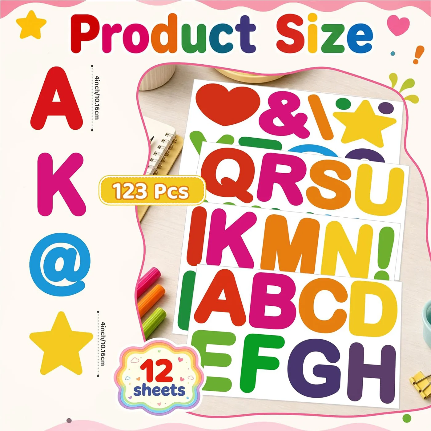 123Pcs 4 Inch Bulletin Board Letters,12 Sheets Waterproof Vinyl Self-Adhesive Letters for Poster Board, Classroom, Mailbox