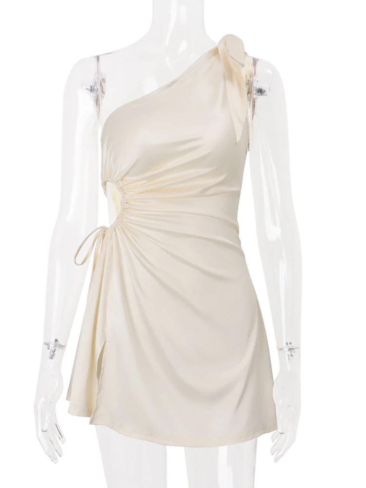 Fantoye satén Sexy un hombro ahuecado arco mujeres vestido albaricoque sin mangas vestido con cordones verano ajustado elegante vestido de fiesta Club