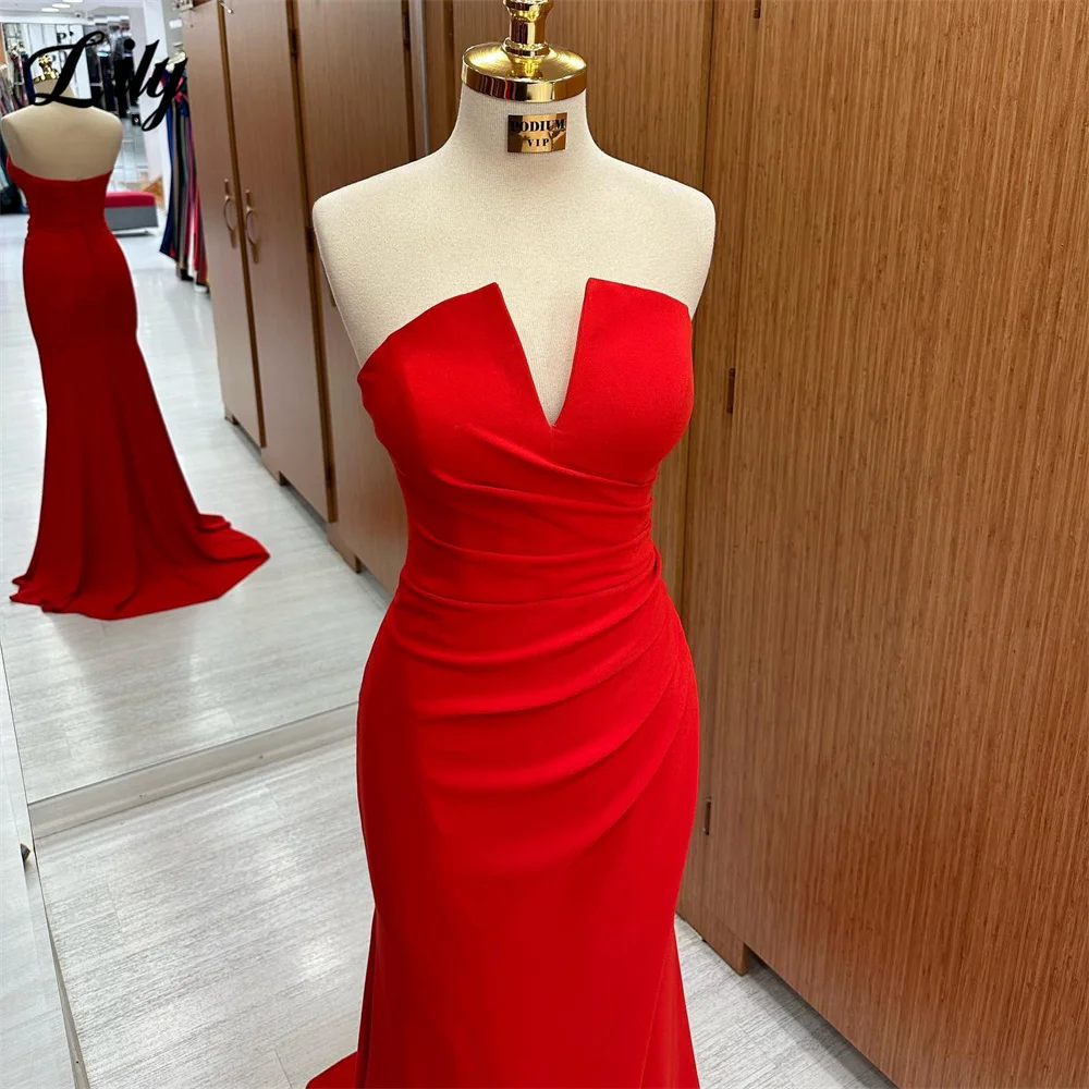 Lily Simple Red Prom Dresses Sexy V-Neck Evening Dresses With Slit Mermaid Pleated Party Dress Zipper Back فساتين مناسبة رسمية