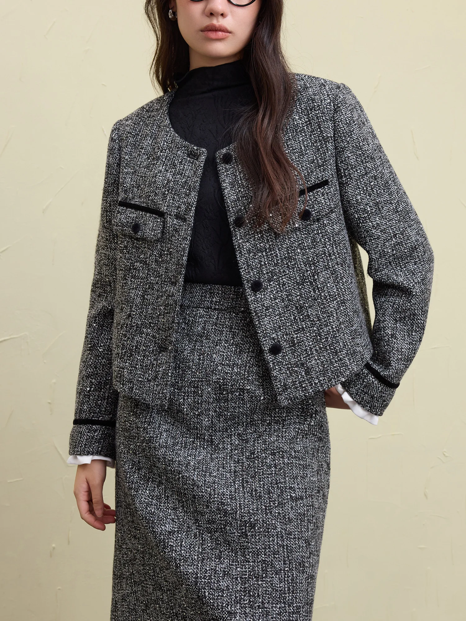 DUSHU 16.7% Wool Women Tweed Jacket Skirt Sets Winter Thicken Long A-LINE Skirts Grey Temperament Short Coat 24DS84649+24DS84650