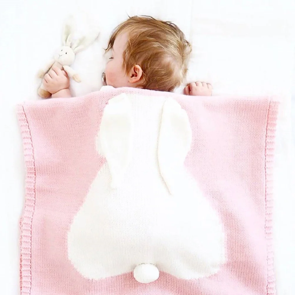 1 pezzo di coperta per maglieria per bambini, design con orecchie di coniglio, trapunta per neonato comfort rosa, tappetino per culla da viaggio, tappetino da gioco multifunzione