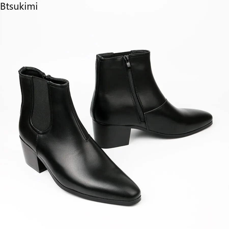 New Chelsea Boots Men's Fashion High Heels Short Boots Small Square Head Height Boosting High Heel Boots Autumn Winter Men Shoes