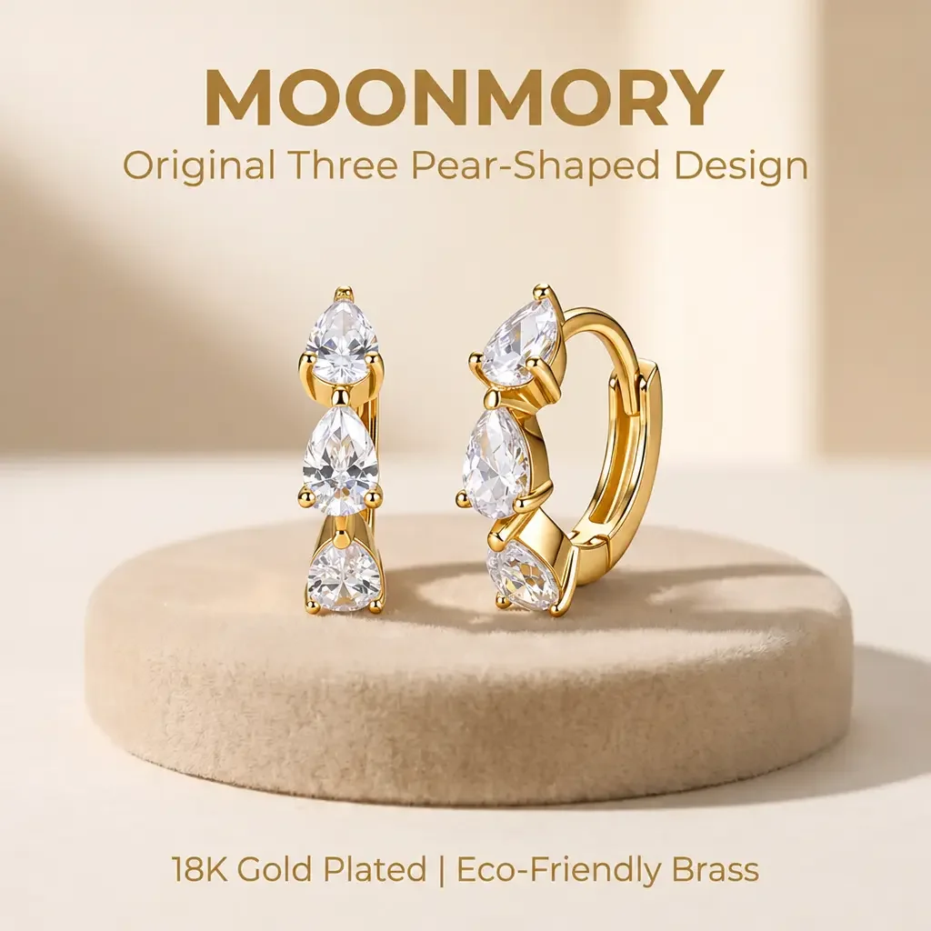 Moonmory Einfache Luxus Umweltfreundliche Messing Dreifach-Birnen-Huggie-Creolen für Damen 18K Vergoldete Ohrringe 5A Zirkon – Detail 13