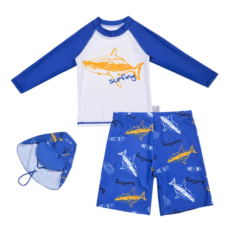 3 Pcs New Boy\'s Swimsuit Sun Protection UPF 50+ Long Sleeve Swimming Sunsuit With Hat Split Bathing Suits Children