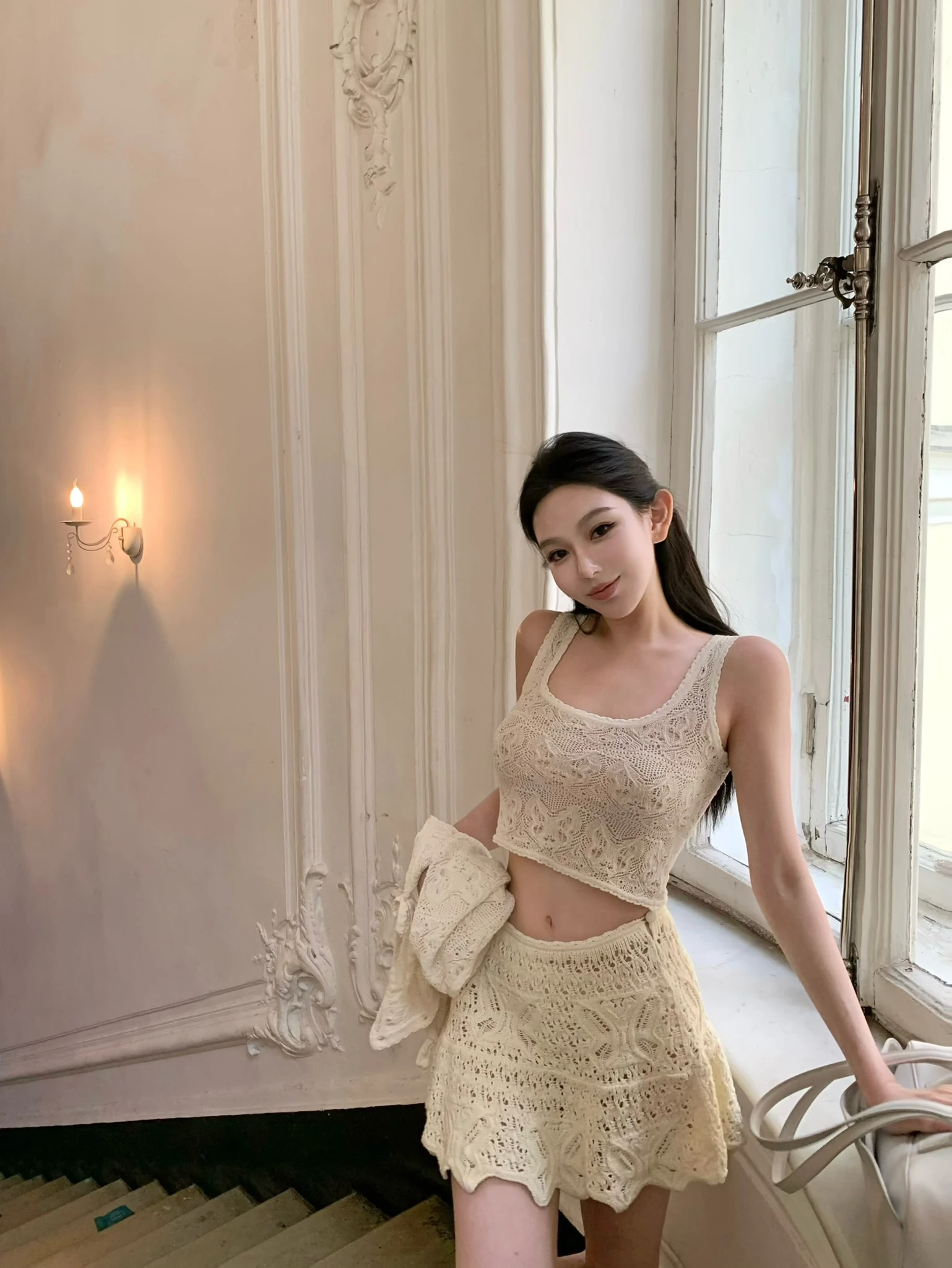 

Woppei Summer Faion Комплект женский ажурный вязаный жилет и юбка с 3D-дизайном Svel ручной работы с крючками и цветами