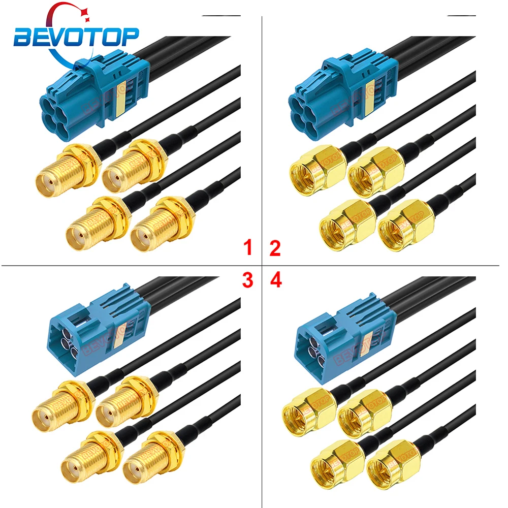 1PCS Z Type 4-Core 4 in 1 Mini Fakra to 4 x SMA Male/Female Connector Cable RSBG Version BEVOTOP Auto Wire Harness