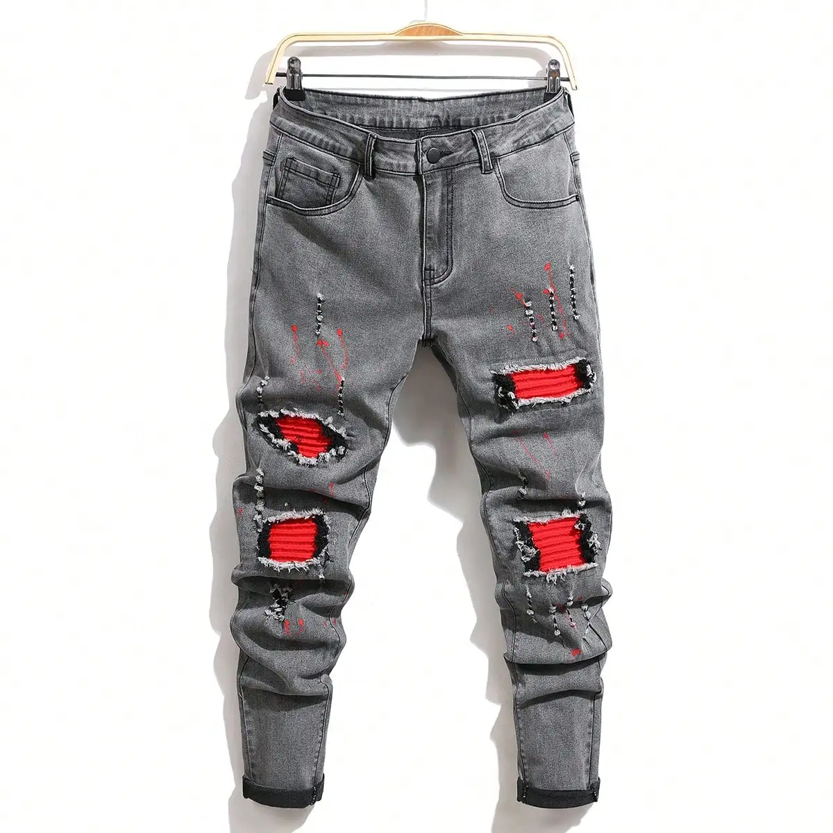 Men's Ripped Denim Jeans for Man High Stretch Skinny Biker P