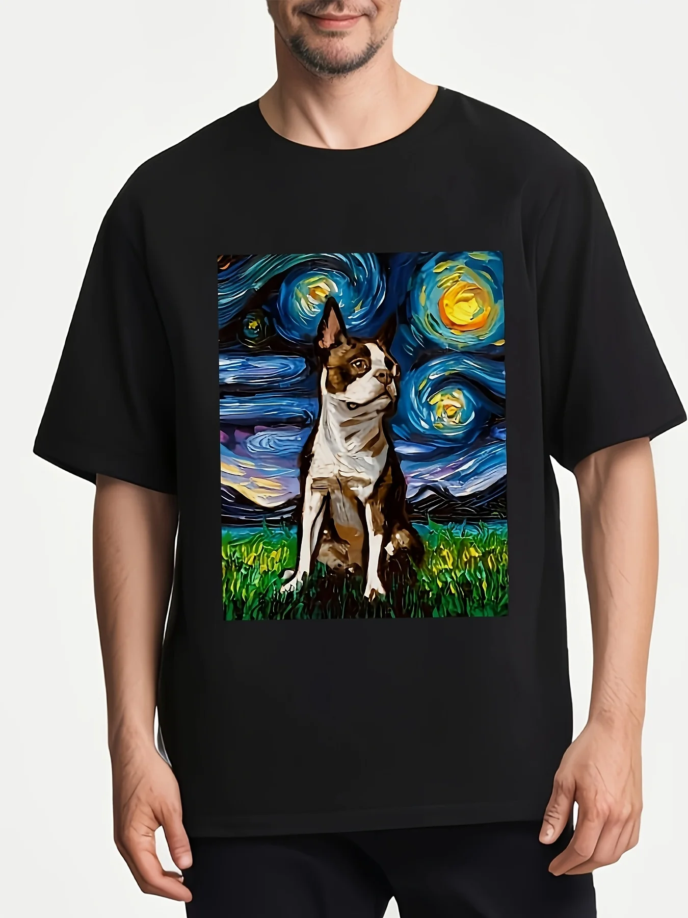 Men'S Black Boston Terrier Graphic Tee Featuring Van Gogh'S Starry Night - Retro Moisture-Wicking Athletic Shirt, Suitable For B