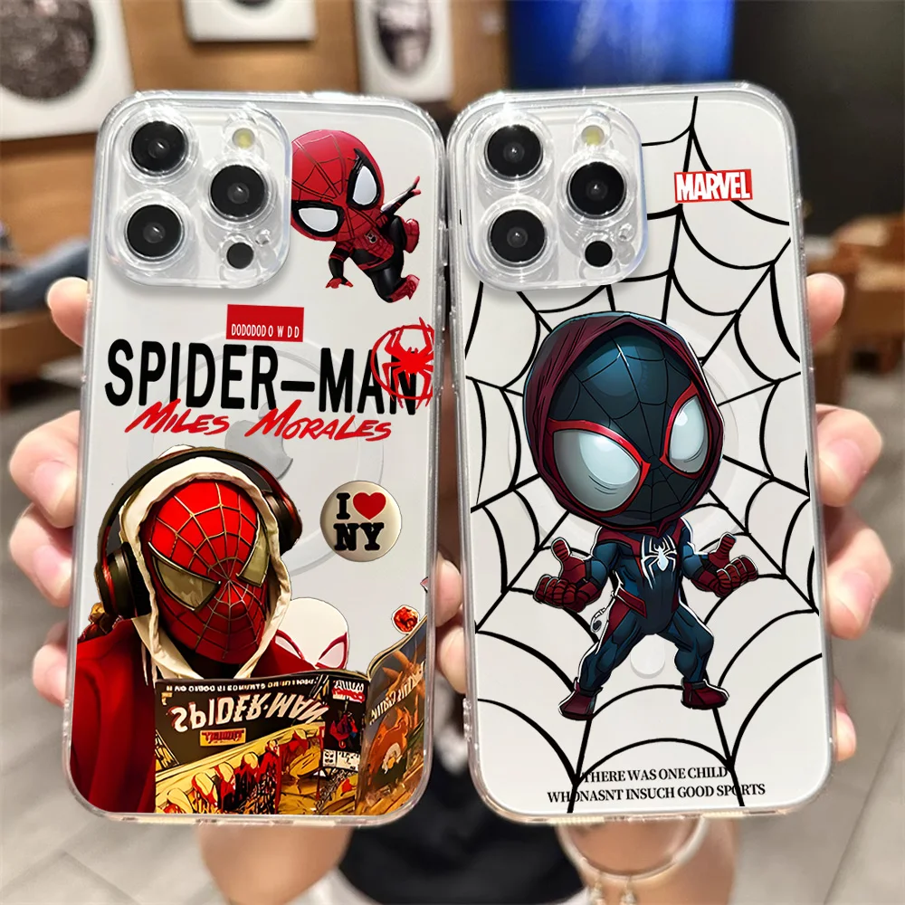 MINISO S-Spider M-Man Phone Case for iPhone 12 11 13 14 15 16 Max Pro Plus Transparent Magsafe Magnetic Wireless Cover