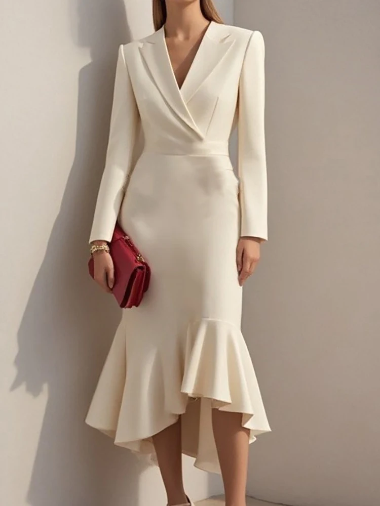 

2025 Women's Long Sleeve Patchwork Mermaid Dress V Neck Trumpet Style Spring Autumn Fashion Casual Elegant Ladies Dress Vestidos