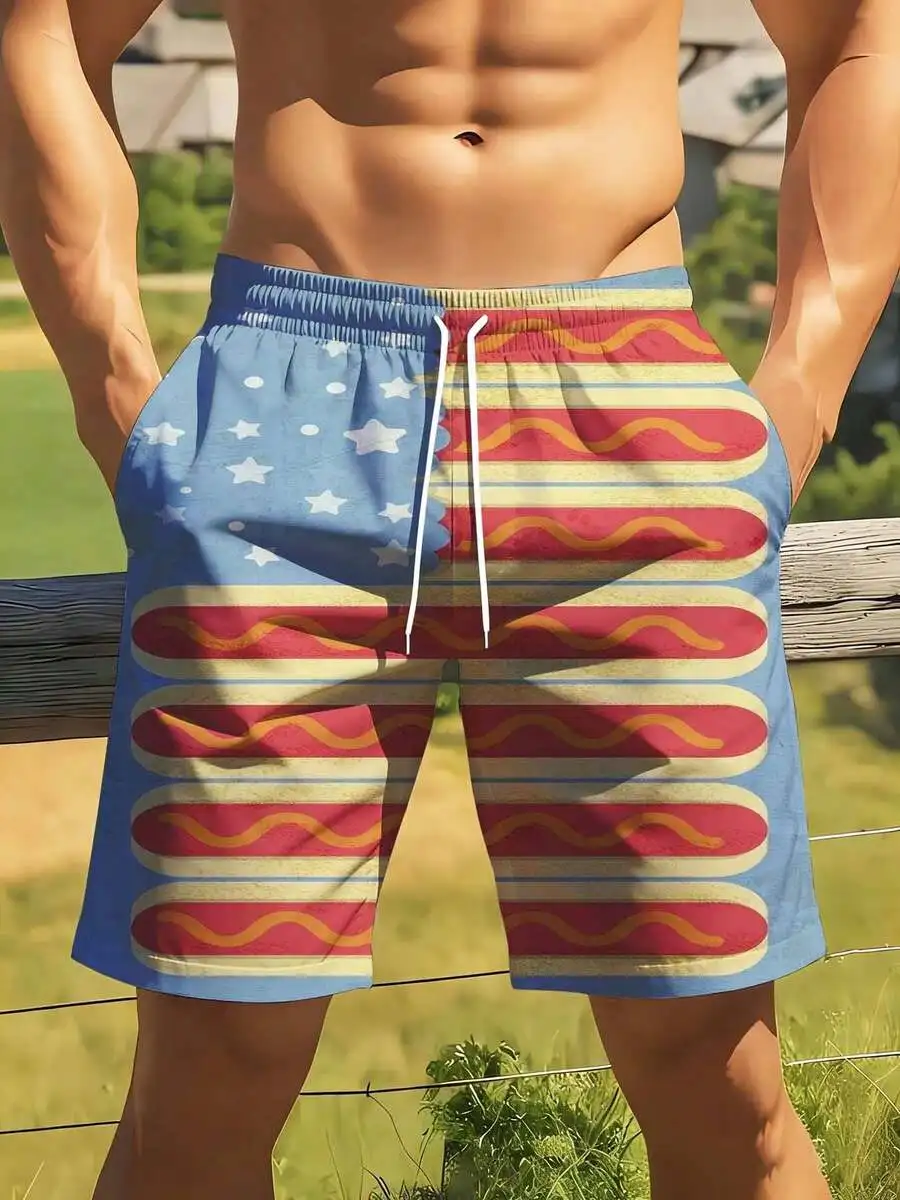 

American Flag Hot Dog Print Swim Trunks For Men Summer Beach Shorts Casual Sport Wear