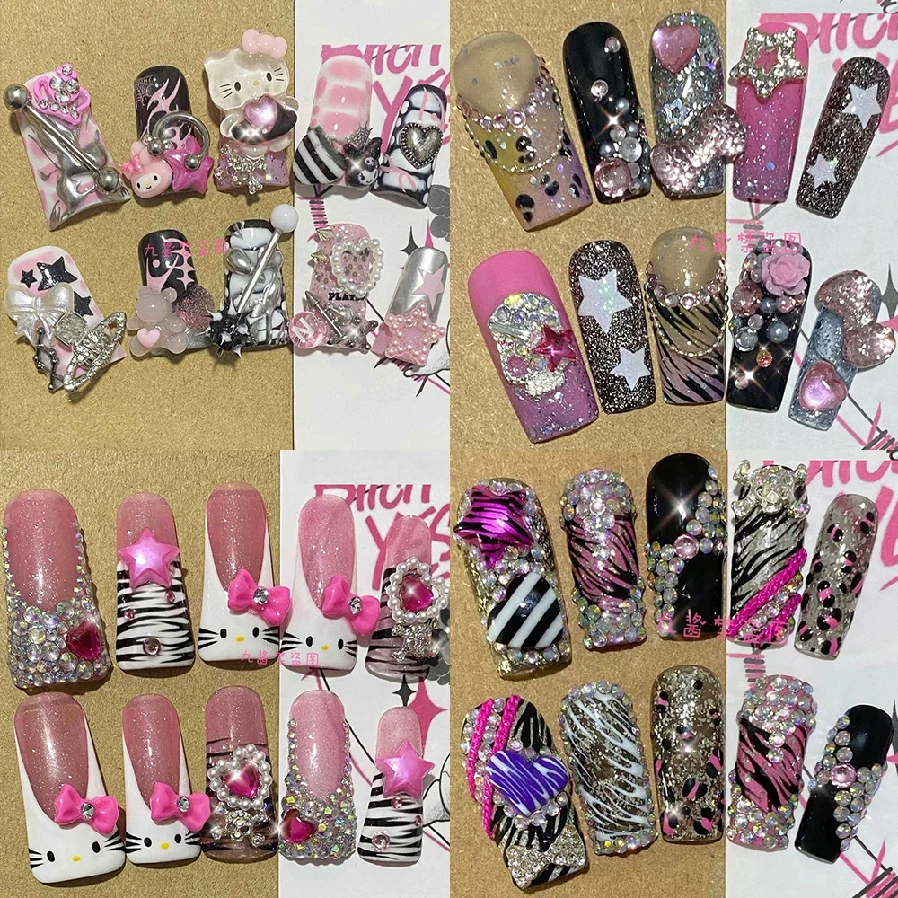 

Sanrio Y2K Cartoon Long Square Crocodile Pattern Handmade Fake Nails Hello Kitty Five-Pointed Star Diamond Pearl Press On Nails