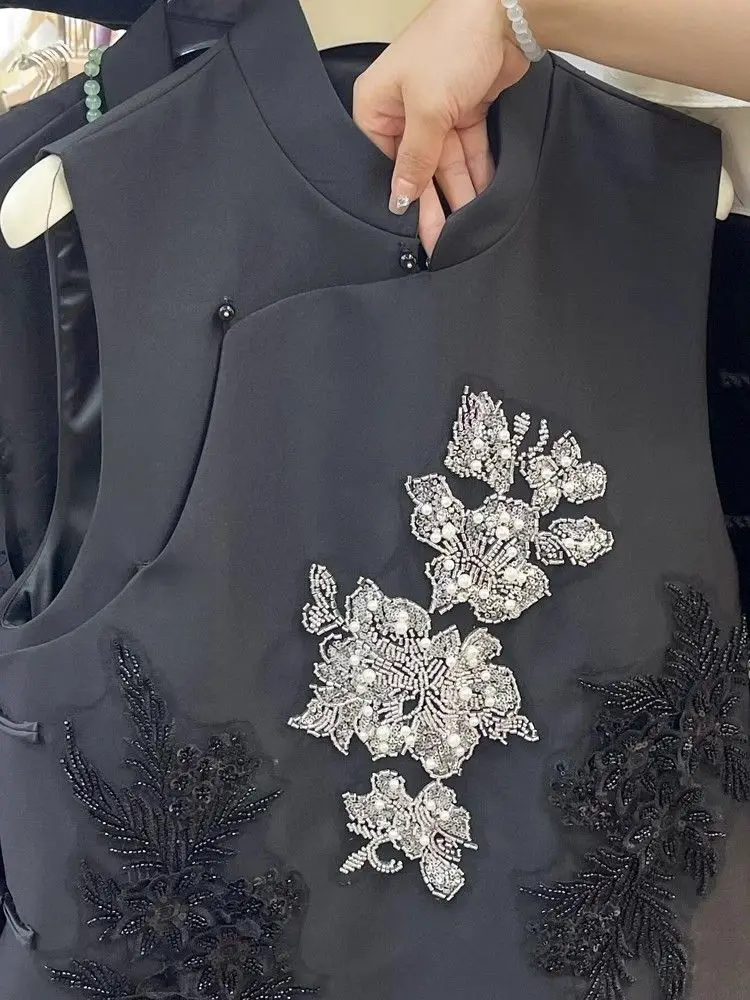 Bloemen geborduurd zwart vest dames retro Chinese vintage etnische stijl mouwloze tops oversized