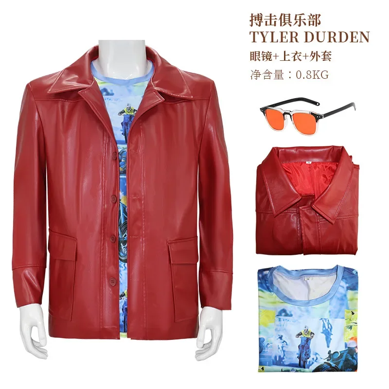 Fight Club Tyler Durden Cosplay Costumes In Stock Brad Biker Leather Jacket Red Coat Shirt Glasses Halloween Party Suit