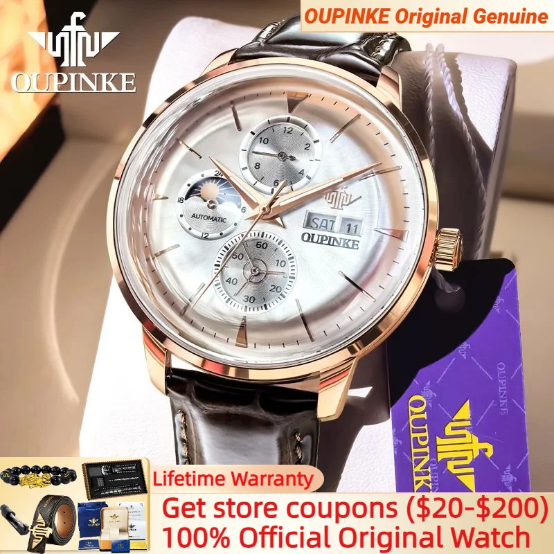 

OUPINKE 3309 Dual Calendar Mechanical Watch for Men Original Leather Strap 50M Waterproof Luminous Moon phase Man Watches