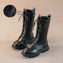 Girls Princess High Boots Black Beige Versatile Kids Causal Boots Spring Autumn Non-slip Children's Long Boots Solid Color PU