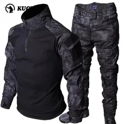 Camouflage Mens Combat Set Autumn Outdoors Hunting Suits Breathable Long Sleeve Tactics Tops+Multi Pocket Cargo Pants 2-pcs