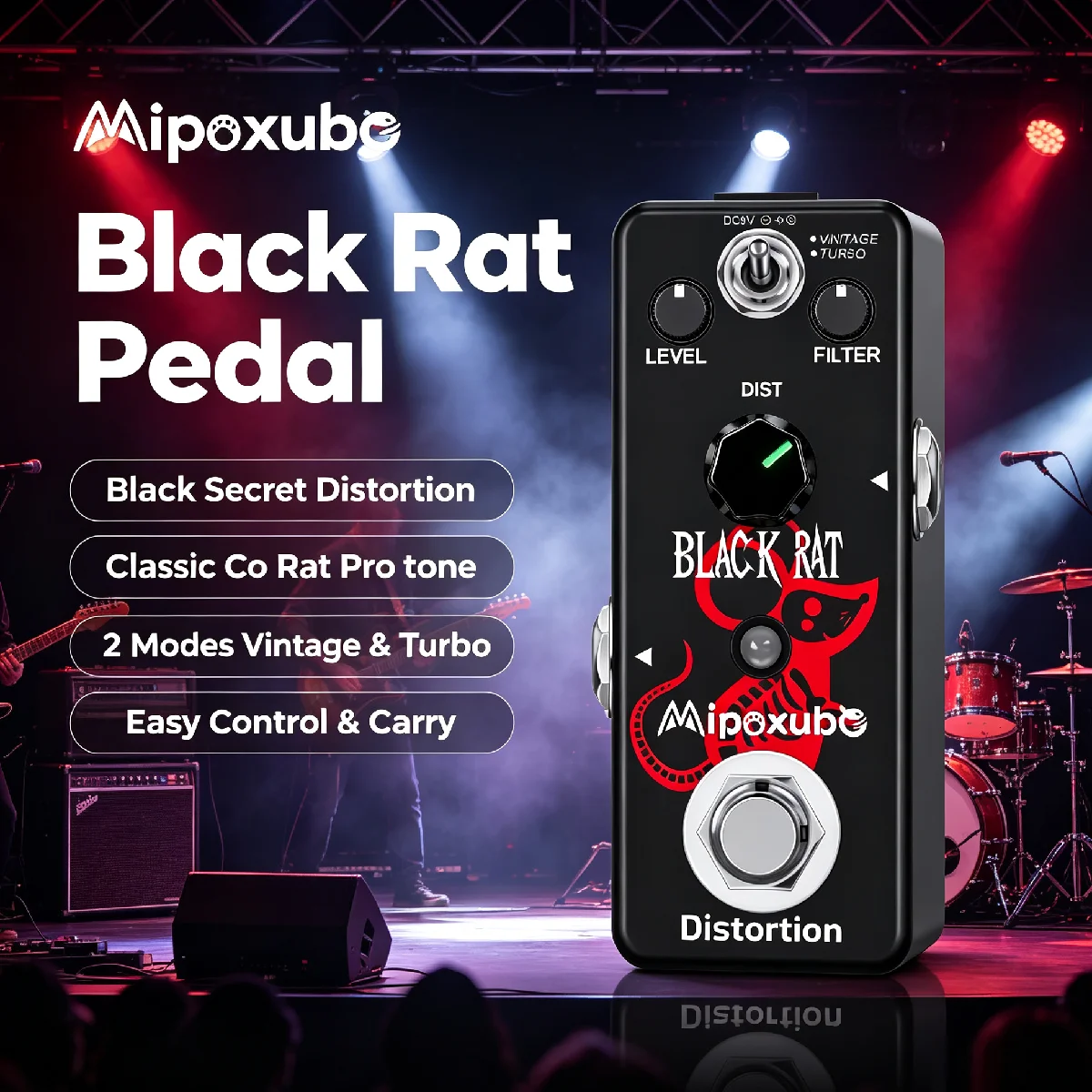 Mipoxube Black Rat Distortion Guitar Effect Pedal Black Secret III Copy From Proco Rat Effect Vintage Turbo Modes 3PDT Stompbox