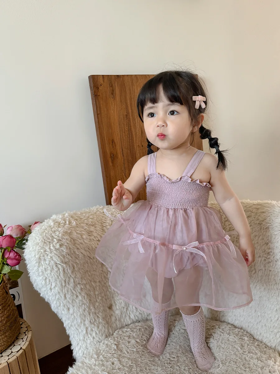 Protetor solar infantil vestido de princesa, Roupa de bebê, Verão, Novo, Coreano, Rosa, Arcos simples, Fio de malha, Roupa feminina, 2024
