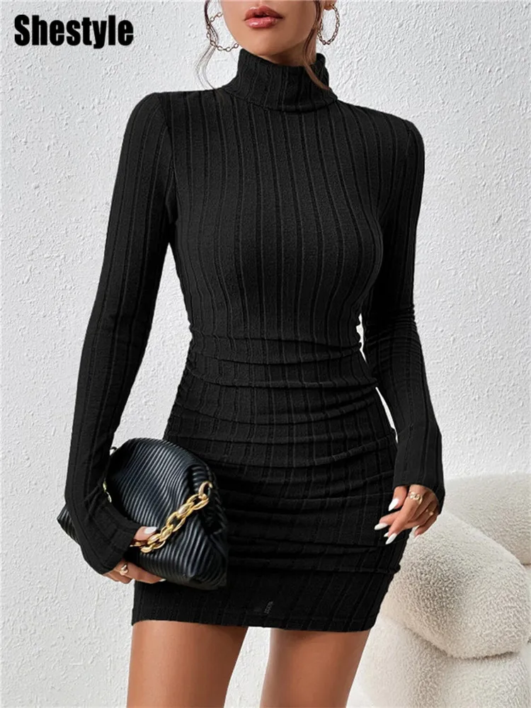 Shestyle الصلبة عادي الملمس الأسود فستان ضيق المرأة الخريف الياقة المدورة نحيل سليم أنيق مثير كلوبوير ملابس مخططة أنيقة