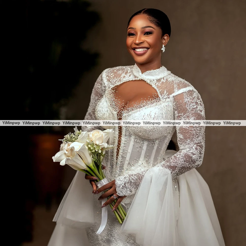 Mermaid Wedding Dresses 2026 Luxury African Full Sleeve Beading Lace Bride Gowns Detachable Train Vestido De Noiva Customized