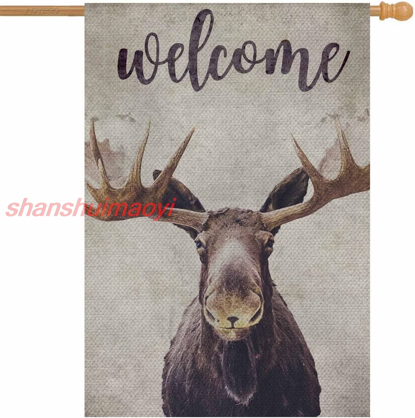 Moose Welcome House Flag Vertical Double Sided Burlap Moose With Two Big Antlers Brown Farmhouse Yard Outdoor Seasonal  sha sign