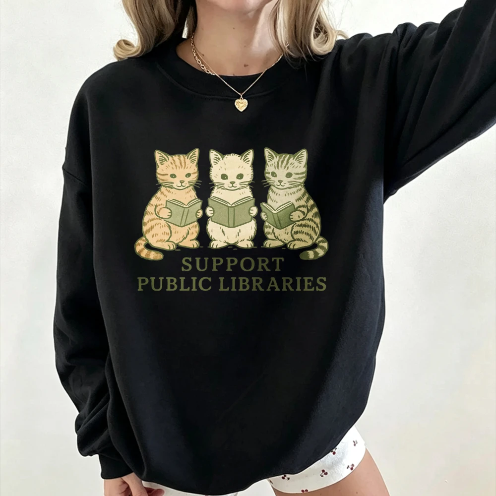 Library Lover Crewneck Sweatshirt Support Public Libraries Three Tabby Cats Reading Graphic Pullover Cute Retro Style Sweatshirt