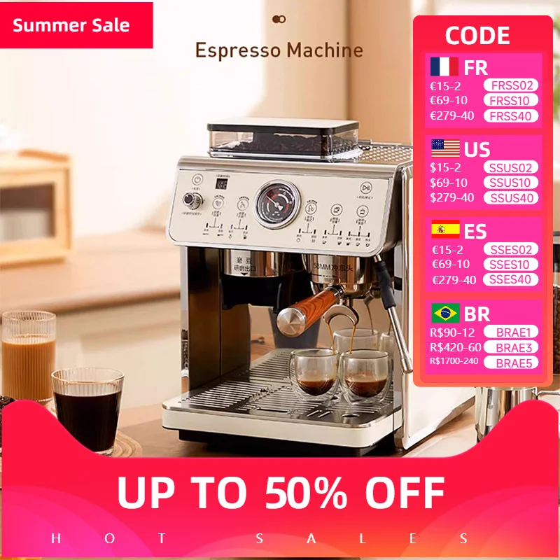 Машина для измельчения и эспрессо. Домашняя автоматическая машина для измельчения кофейных зерен. Паровой вспениватель молока. Двойные насосы и двойные котлы.