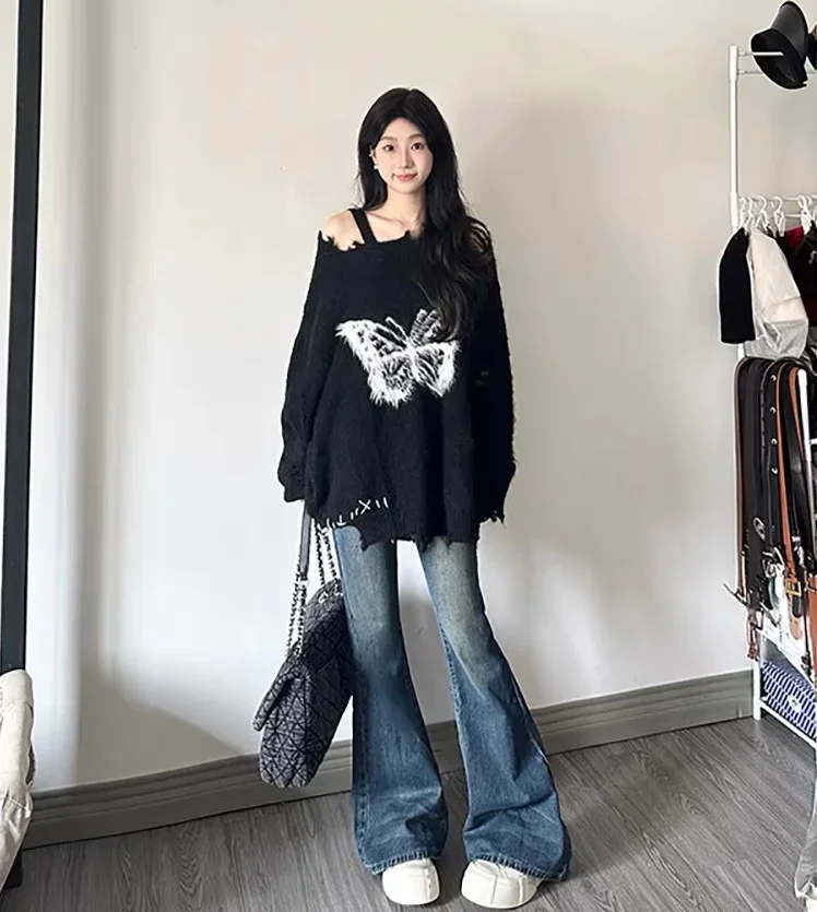 Women\'s Black Gothic Pullover Knitted Sweater Harajuku Korean Y2k Long Sleeves Jumper Sweaters Vintage 2000s Clothes 2024 Autumn